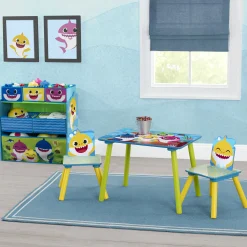 Baby Shark 4-Piece Playroom Solution – Set Includes Table and 2 Chairs and 6-Bin Toy Organizer
