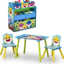 Baby Shark 4-Piece Playroom Solution – Set Includes Table and 2 Chairs and 6-Bin Toy Organizer