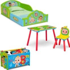 CoComelon 4-Piece Toddler Room-in-a-Box Set – Includes Sleep and Play Toddler Bed, Table, 1 Chair and Toy Box