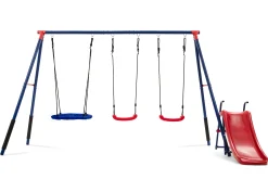 FunZone Outdoor Metal 4-Piece Swing Set - Includes 2 Swings, 1 Disc/Saucer Swing and Slide