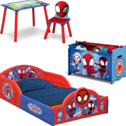 Marvel Spidey and His Amazing Friends 4-Piece Toddler Room-in-a-Box Set – Includes Sleep and Play Toddler Bed, Table, 1 Chair and Toy Box
