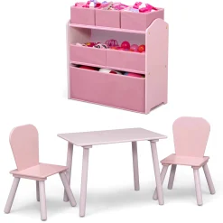 4-Piece Toddler Playroom Set – Includes Play Table with Dry Erase Tabletop and 6 Bin Toy Organizer with Reusable Vinyl Cling Stickers